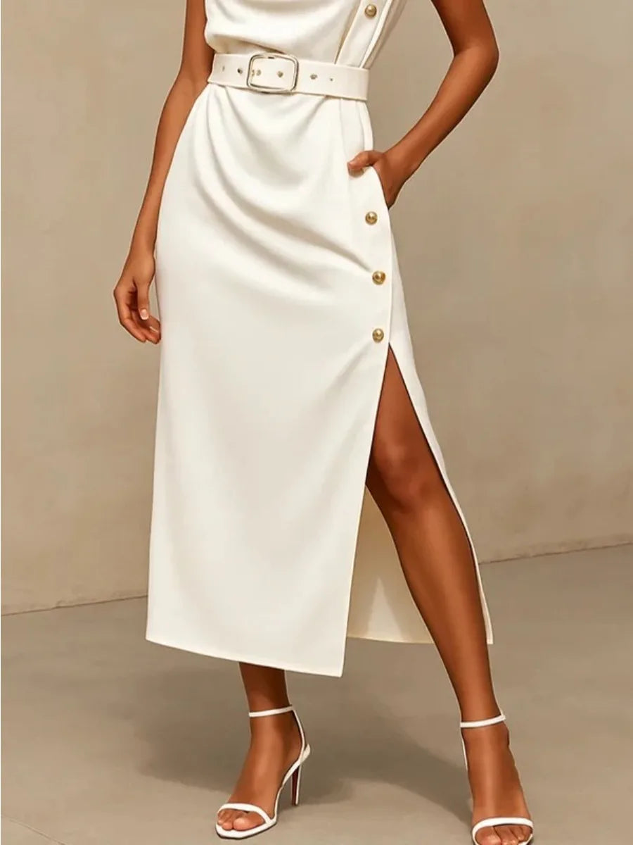 שמלת מקסי שסע עם כפתורי צד