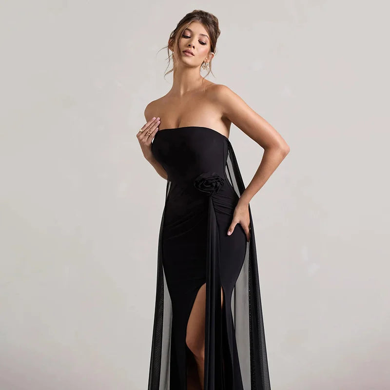 שמלת מקסי אלגנטית סטרפלס בתוספת בד נשפכת