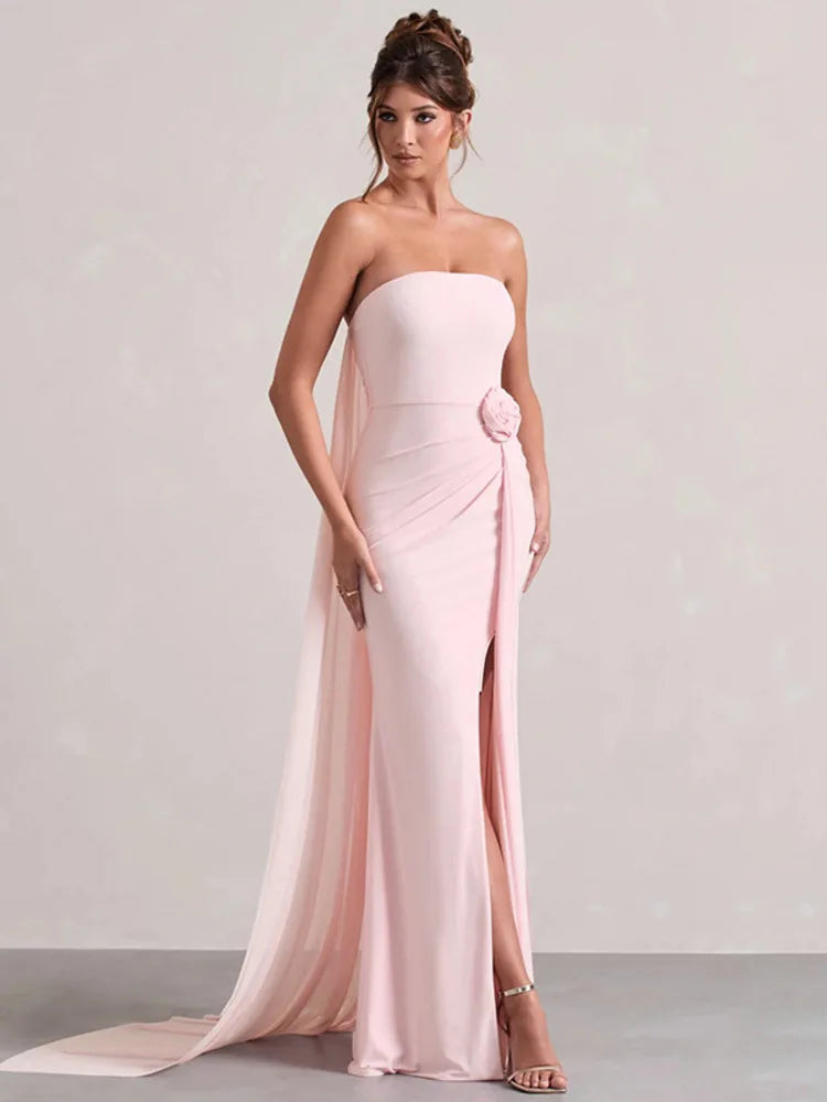 שמלת מקסי אלגנטית סטרפלס בתוספת בד נשפכת