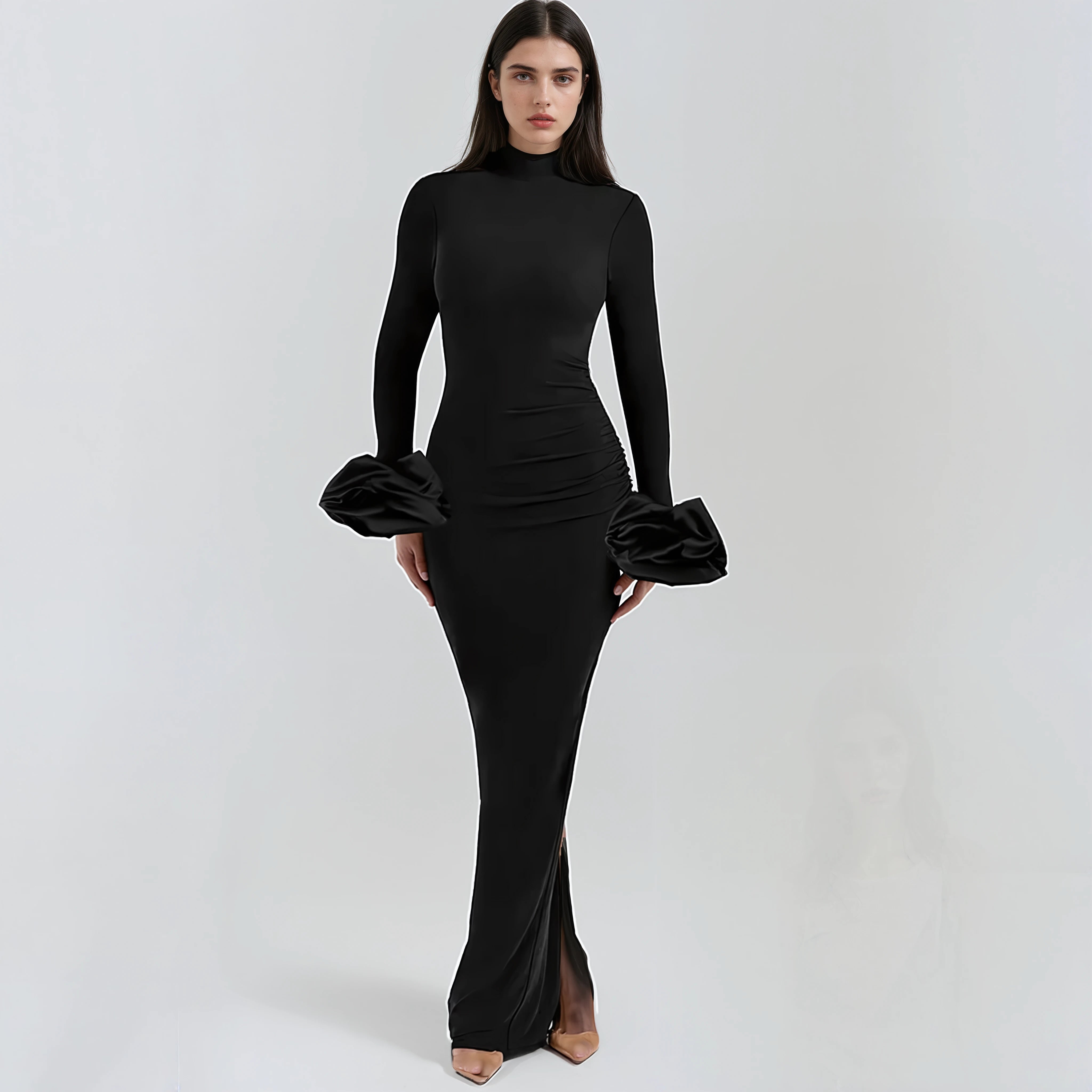 שמלת ערב בסיומת פרח בשרוולים