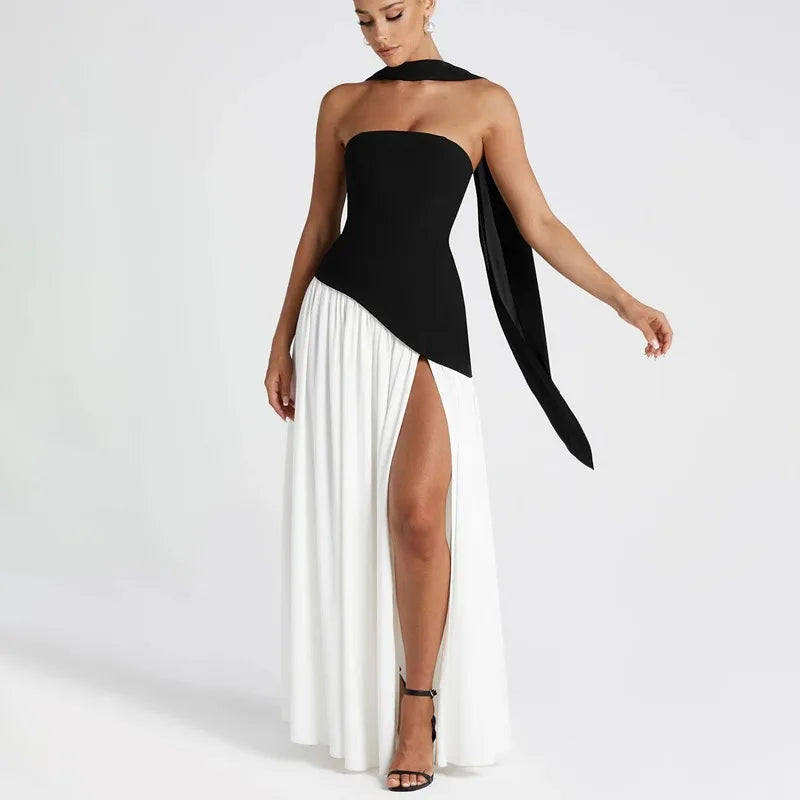 שמלת סטרפלס יוקרתית בשילוב קפלים ושסע