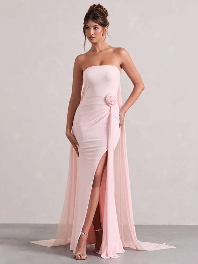 שמלת מקסי אלגנטית סטרפלס בתוספת בד נשפכת