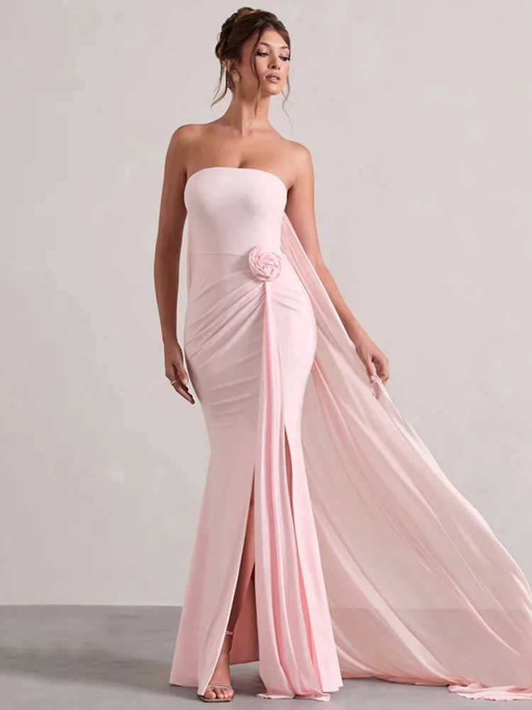 שמלת מקסי אלגנטית סטרפלס בתוספת בד נשפכת