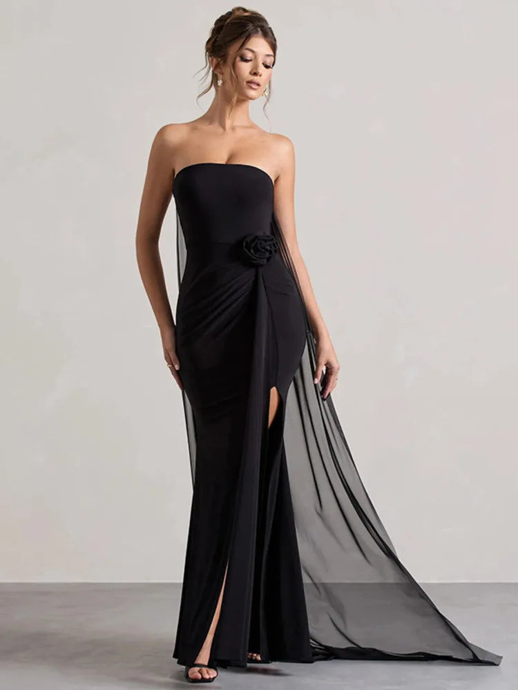 שמלת מקסי אלגנטית סטרפלס בתוספת בד נשפכת