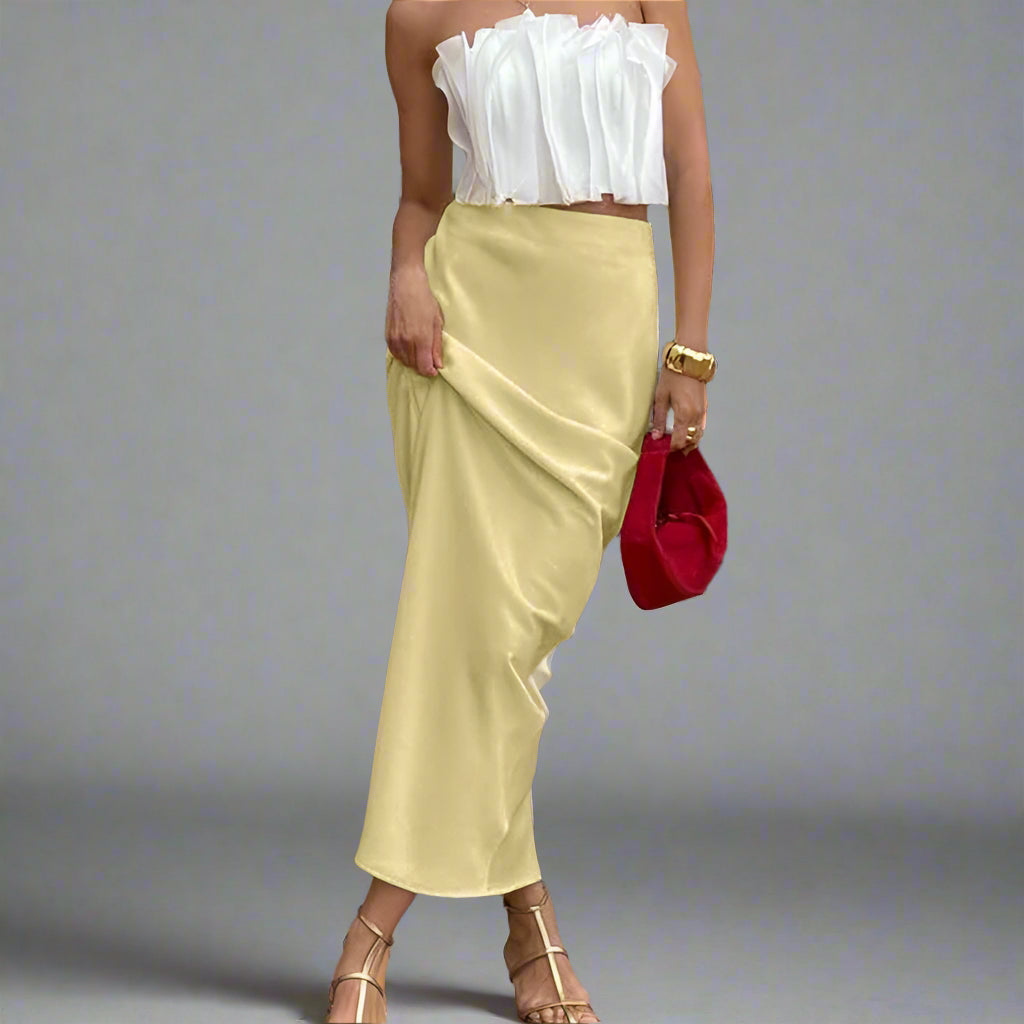 חצאית מקסי סאטן צהוב חמאה