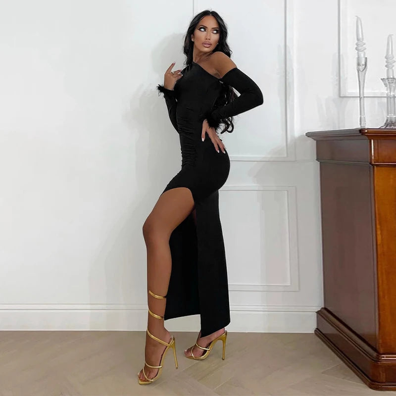 שמלת מקסי עם שסע ונוצות - רוז