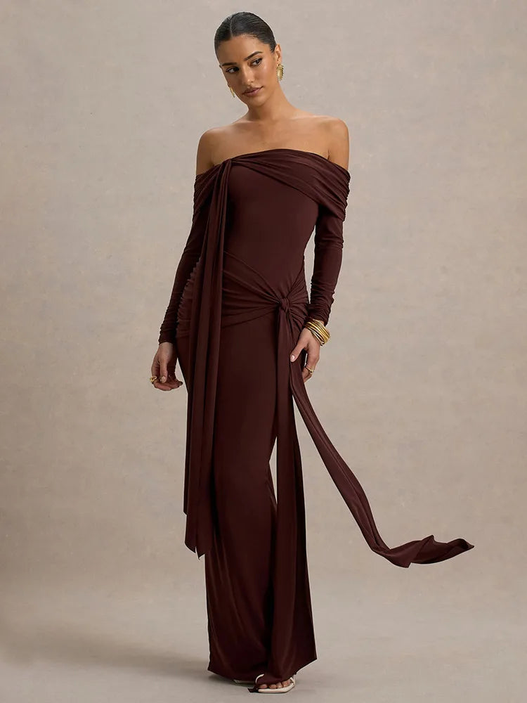 שמלת מקסי סטרפלס שרוולים ארוכים