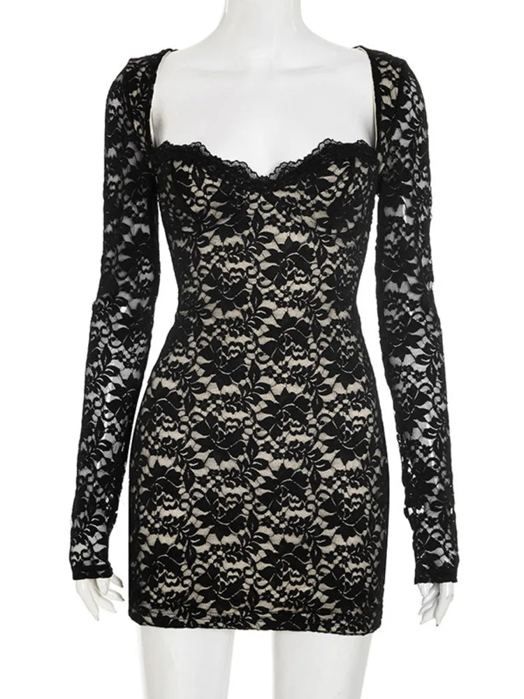 שמלת מיני תחרה שרוולים ארוכים