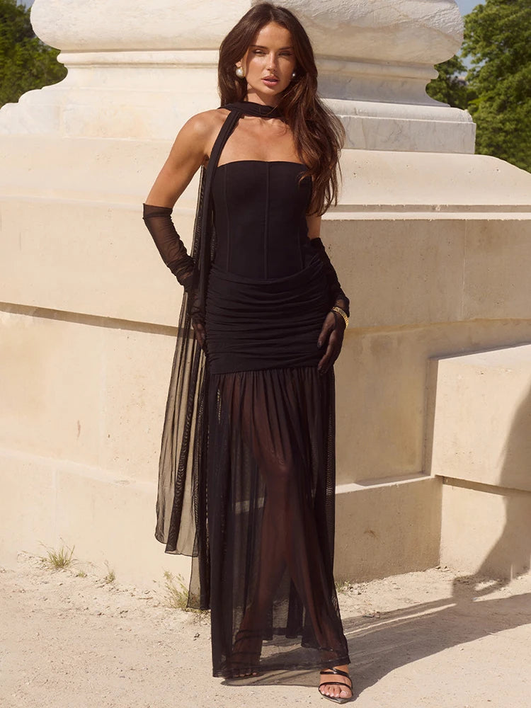 שמלת מקסי סטרפלס בגזרת הלטר