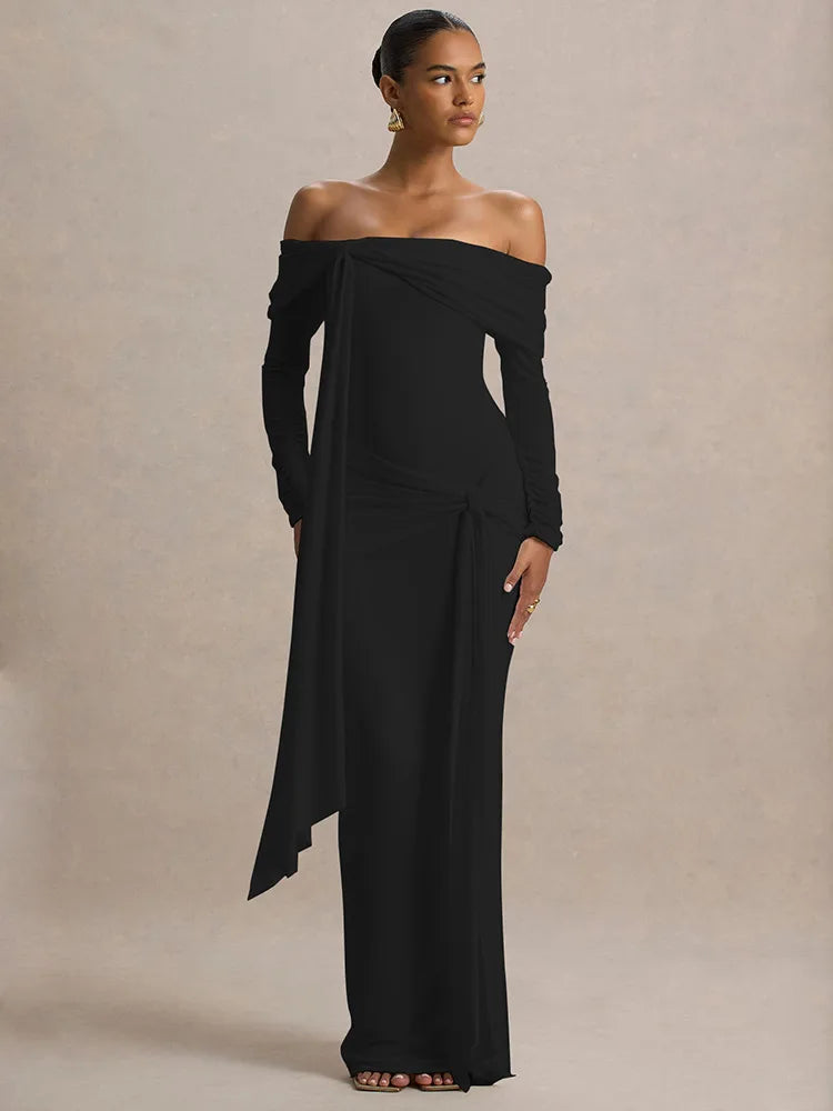 שמלת מקסי סטרפלס שרוולים ארוכים