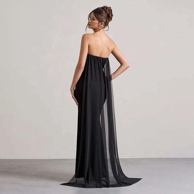 שמלת מקסי אלגנטית סטרפלס בתוספת בד נשפכת