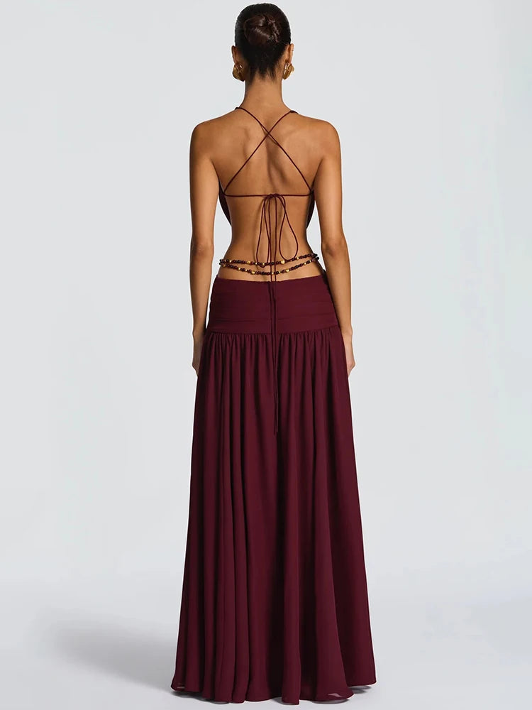 Mozision Hollow Out Deep V Neck Sexy Maxi Dress Women Gown Metal Buckle Sleeveless Backless Thigh High Split Club Party Dresses