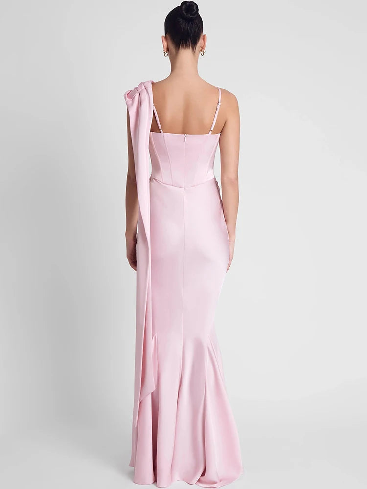 Mozision Satin Backless Sexy Maxi Dress Women Elegant One Spaghetti Strap Sleeveless Ruched Waist Club Party Mermaid Long Dress