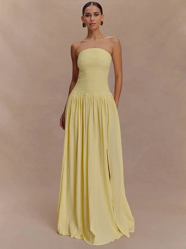 Mozision Off-shoulder Strapless Sexy Maxi Dress Women Elegant Sleeveless Backless Thigh High Split Pleated Club Party Long Dress