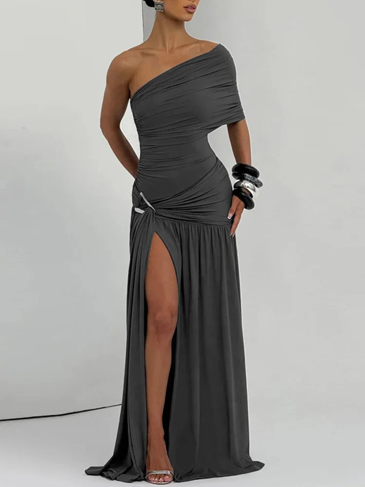 Mozision Off-shoulder Backless Sexy Maix Dress Women Elegant One Sleeve Ruched Split Club Party Pleated Long Dress Female
