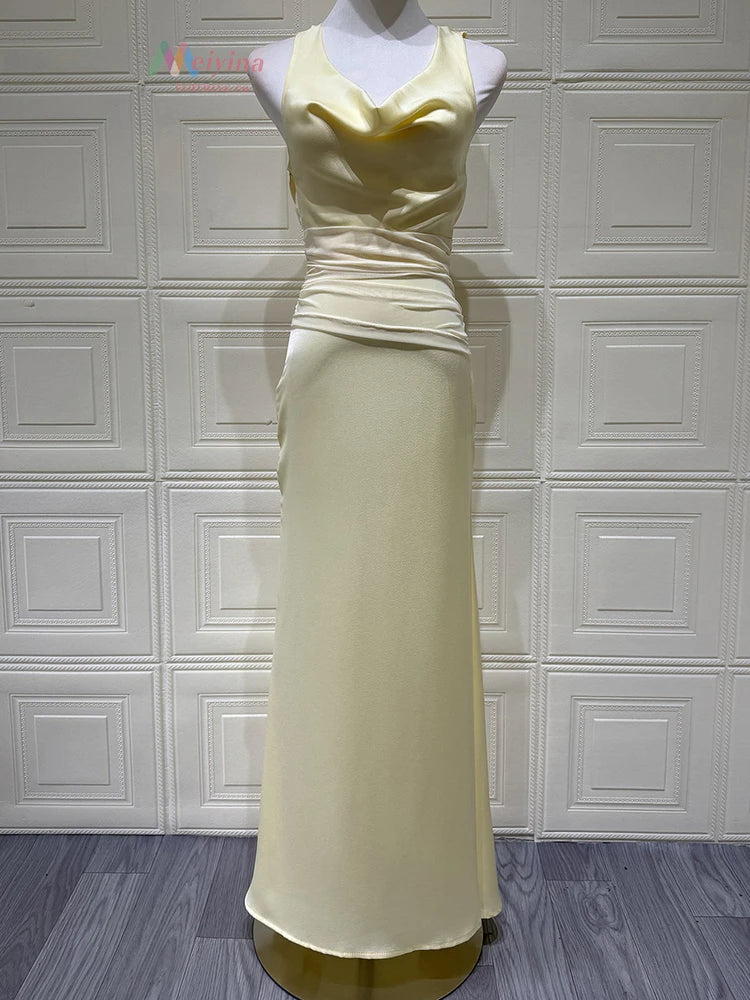 Mozision Satin Cowl Neck Sexy Maxi Dress Women Elegant Light Yellow Sleeveless Backless Bodycon Wedding Evening Club Party Dress