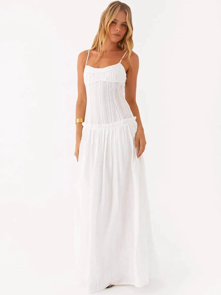 Mozision Elegant Spaghetti Strap Sexy Maxi Dress Women Gown Fashion Off-shoulder Sleeveless Backless Pleated Club Long Dresses