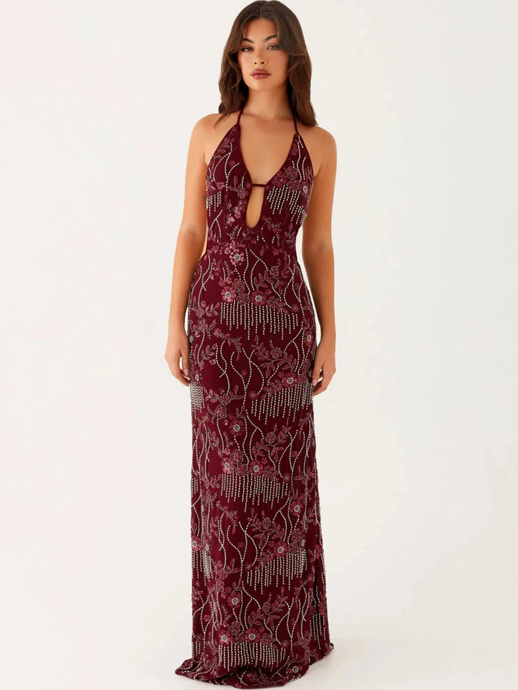 Mozision Sequins Hollow Out Backless Sexy Maxi Dress Women Gown Fashion Sparkle Halter Sleeveless Bodycon Club Party Dresses