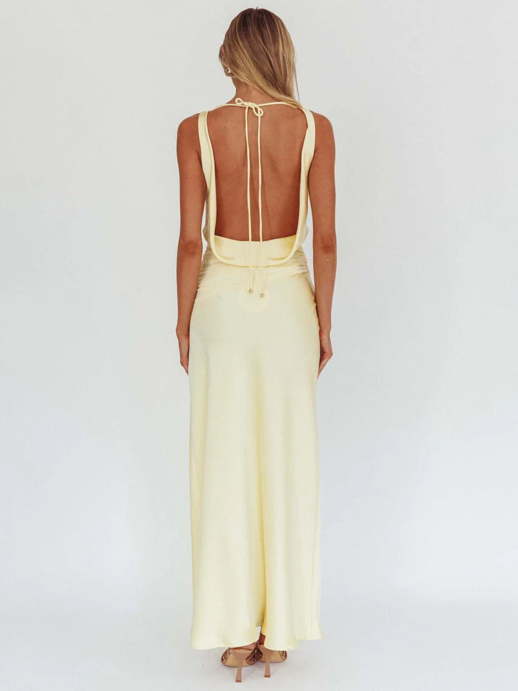 Mozision Satin Cowl Neck Sexy Maxi Dress Women Elegant Light Yellow Sleeveless Backless Bodycon Wedding Evening Club Party Dress