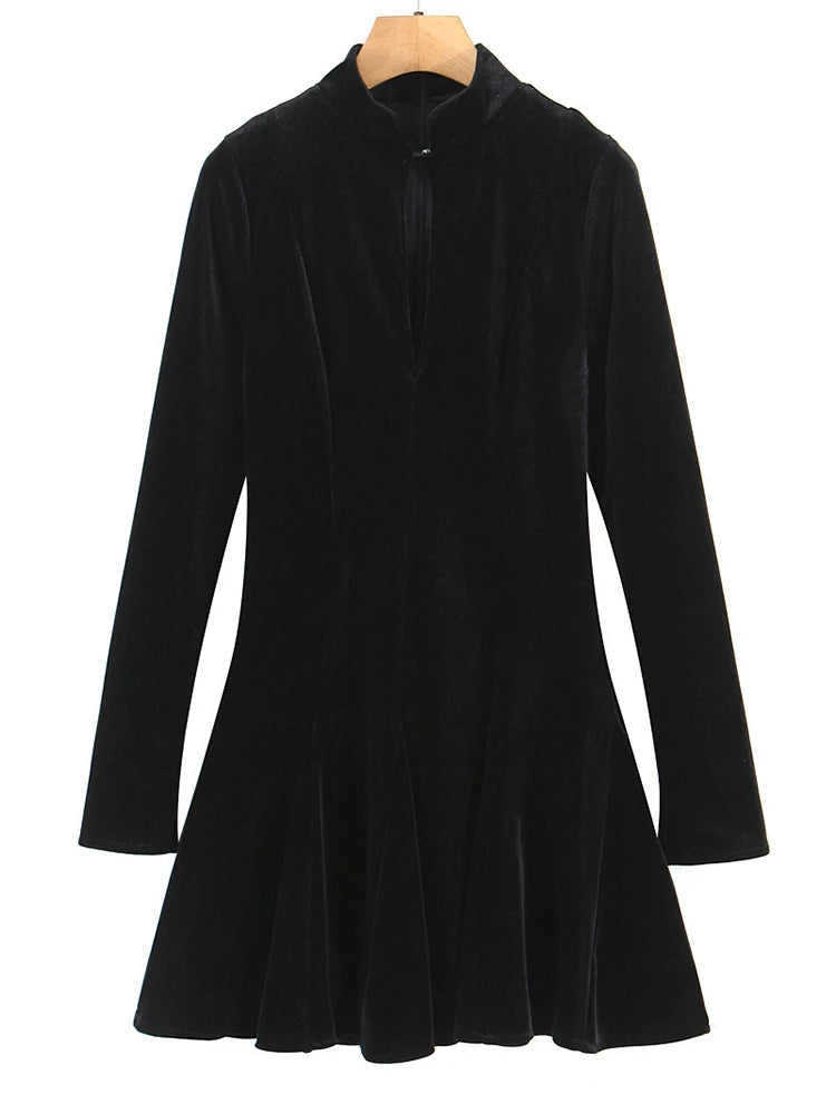 Mozision Hollow Out Long Sleeve Sexy Mini Dress Women Elegant Velvet Turtleneck High Waist A-line Club Party Dress Female