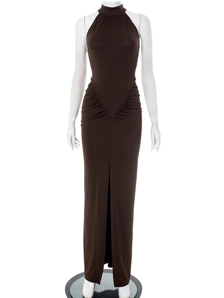 שמלת מקסי הלטר עם שסע וצווארון קולר