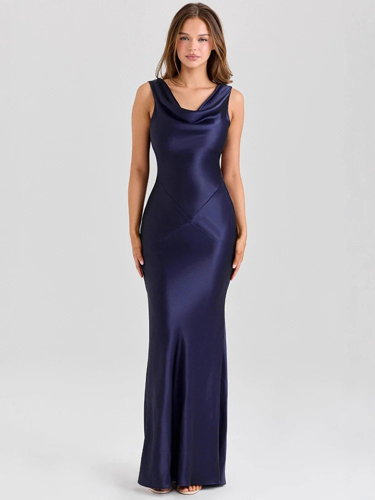 Mozision Satin Backless Draped Sexy Maxi Dress Women Fashion Cowl Neck Sleeveless High Waist Club Party Long Dress Female New