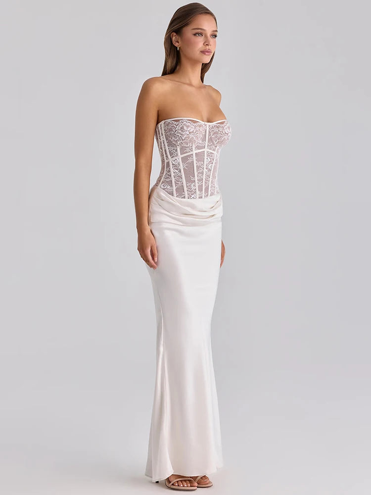 Mozision White Lace Corset Satin Sexy Maxi Dress Women Elegant Strapless Sleeveless Backless Bodycon Club Party Long Dresses