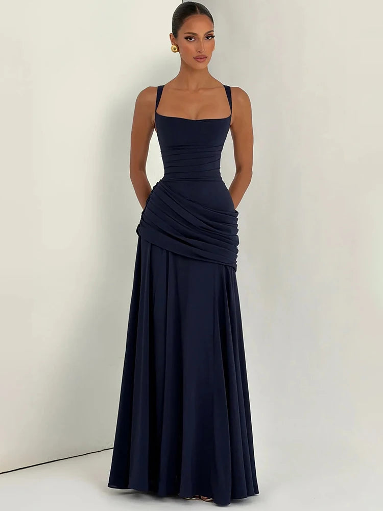 Mozision Square Collar Backless Sexy Maxi Dress Women Elegant Chiffon Sleeveless Bodycon Club Party Pleated Long Dresses