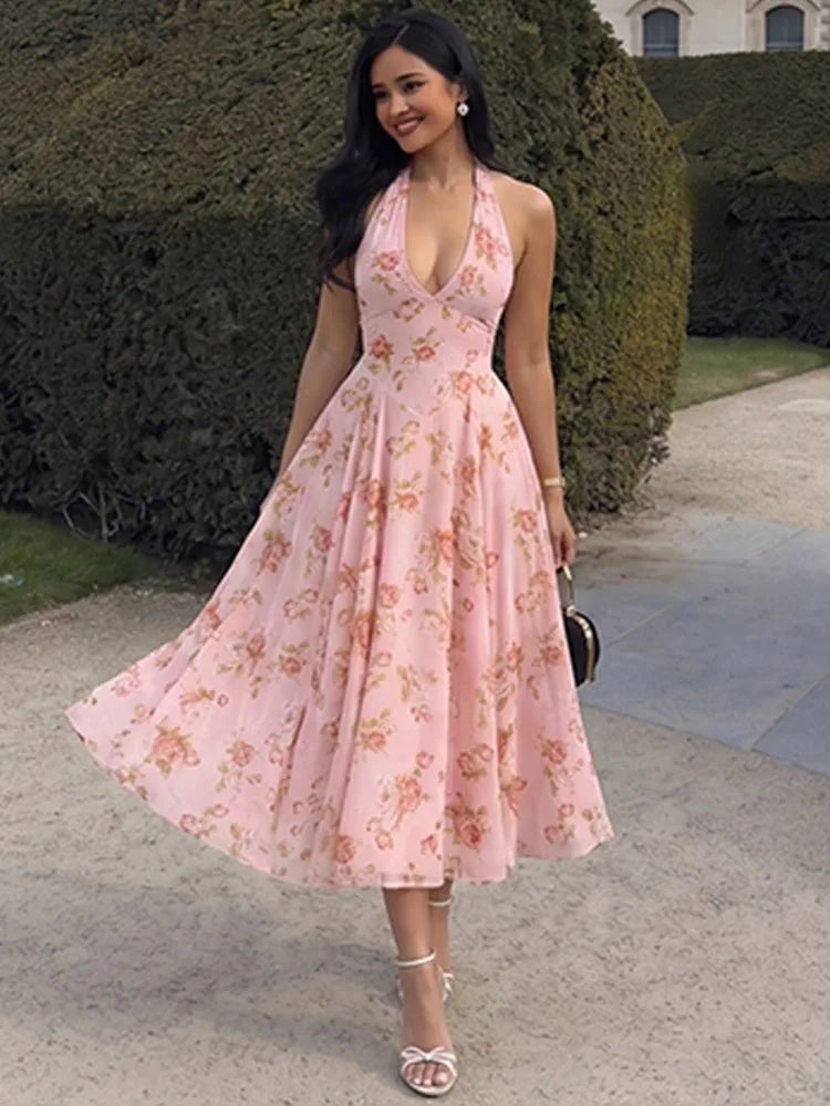 Mozision Halter Floral Print Sexy Midi Dress Women Elegant Deep V Neck Off-shoulder Sleeveless Backless Pleated Club Party Dress