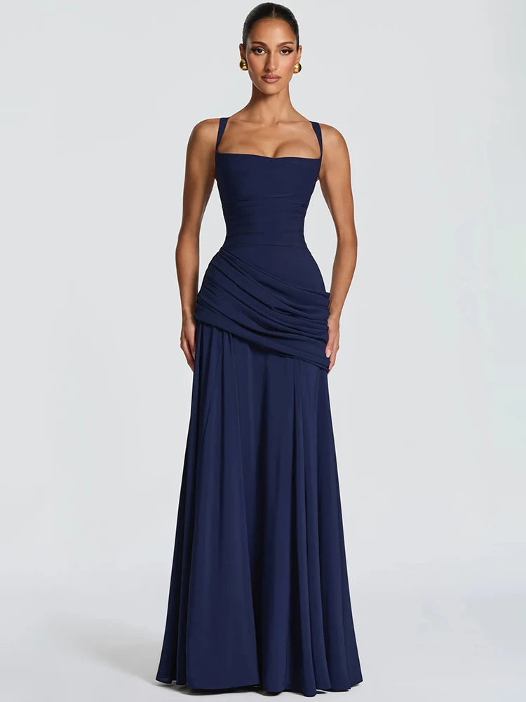 Mozision Square Collar Backless Sexy Maxi Dress Women Elegant Chiffon Sleeveless Bodycon Club Party Pleated Long Dresses