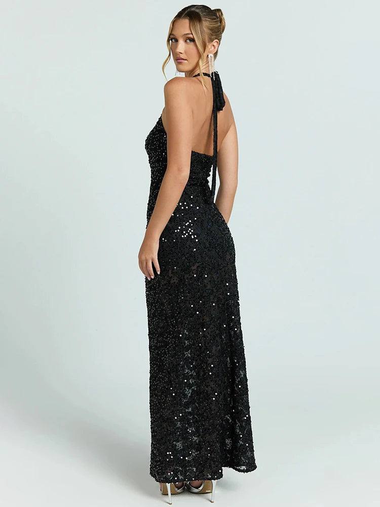 Mozision Women Halter Maxi Dress 3D Floral Sequin Mesh Mermaid Bodycon Long Dress Elegant Wedding Guest Bridesmaid Evening Gown