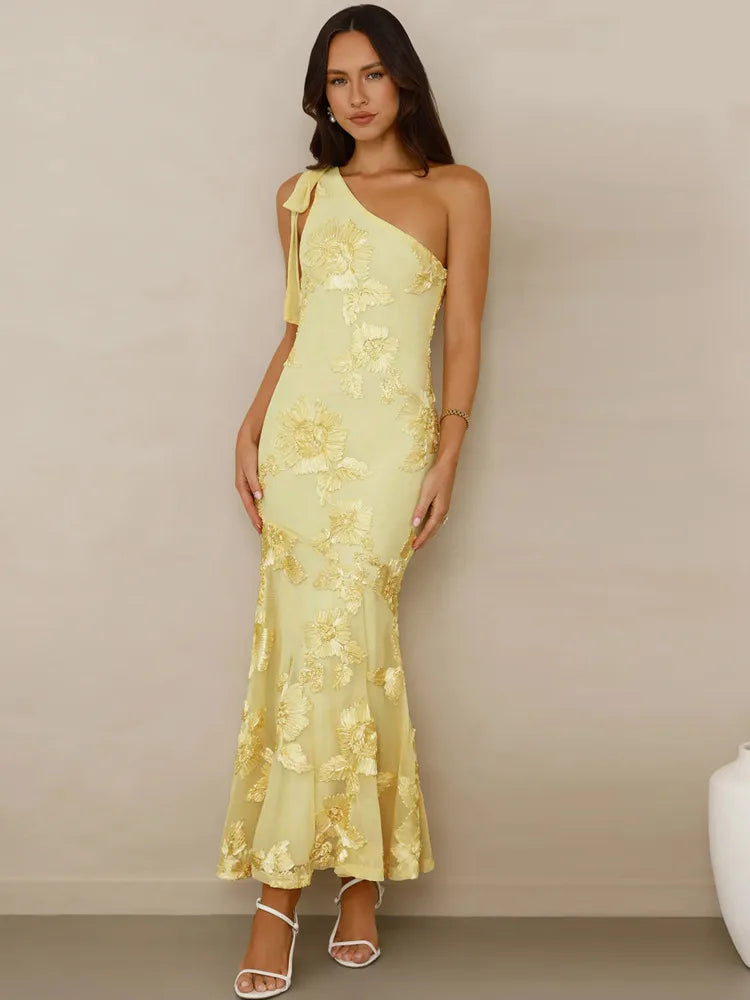Mozision 3D Floral Applique Sexy Maxi Dress Women Elegant One Shoulder Backless Sleeveless Bodycon Club Party Evening Long Dress
