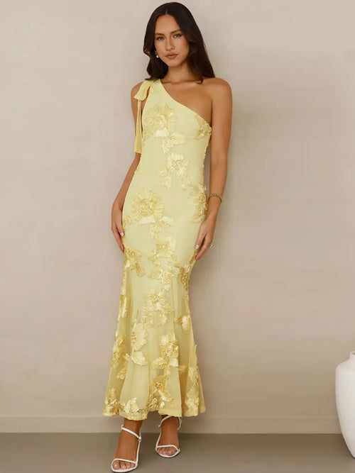 Mozision 3D Floral Applique Sexy Maxi Dress Women Elegant One Shoulder Backless Sleeveless Bodycon Club Party Evening Long Dress