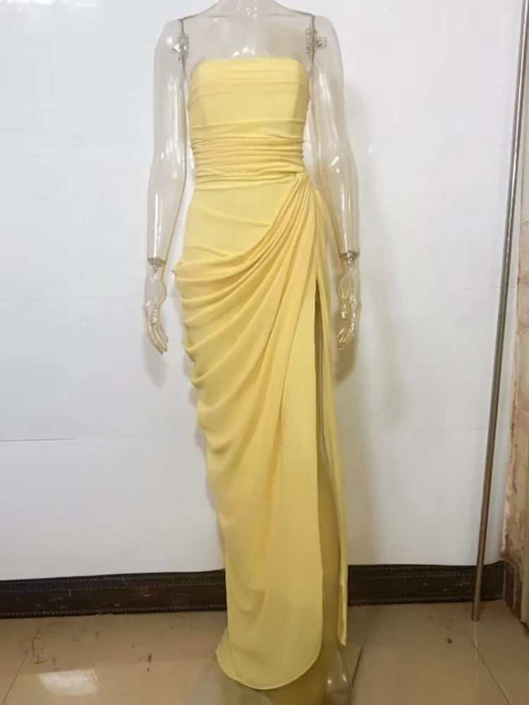 Mozision Chiffon Off-shoulder Strapless Sexy Maxi Dress Women Elegant Sleeveless Backless High Split Ruched Club Party Dress