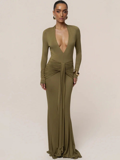 Mozision Deep V Neck Long Sleeve Sexy Maxi Dress Women Elegant Backless Ruched Waist Draped Bodycon Club Party Long Dresses