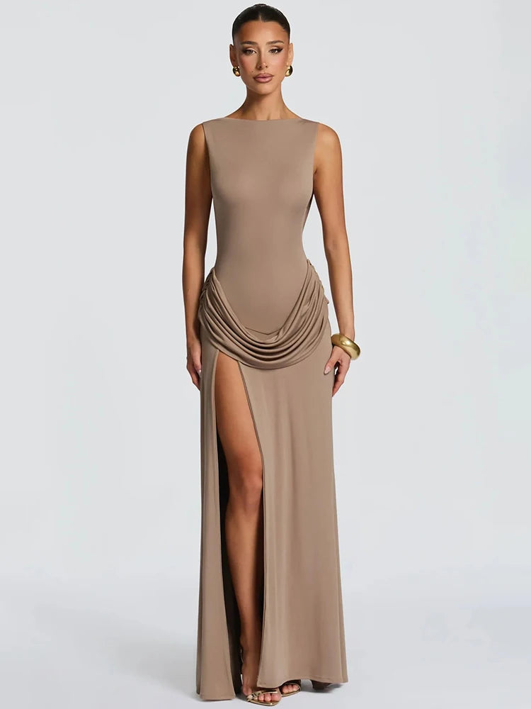 Mozision Boat Neck Backless Sexy Maxi Dress Women Elegant Sleeveless Draped Waist Ruched High Split Bodycon Club Party Dress