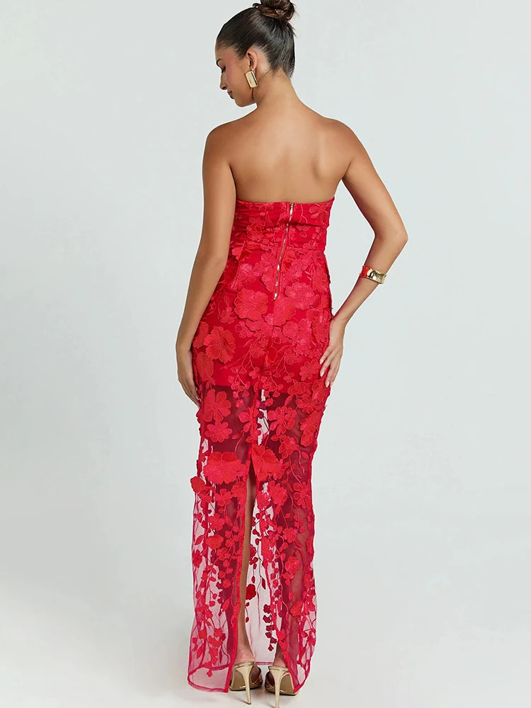 Mozision Women Strapless 3D Floral Lace Mermaid Sexy Maxi Dress Sheer Mesh Bodycon Long Dress Wedding Guest Evening Party Gown