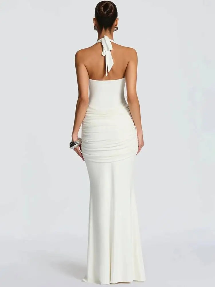 Mozision Halter Backless Sexy Maxi Dress Women Elegant V Neck Sleeveless Draped Ruched Bodycon Club Party Long Dress Female