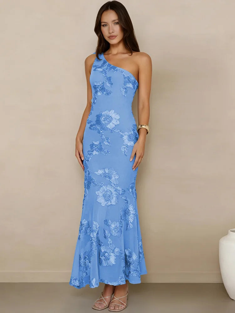 Mozision 3D Floral Applique Sexy Maxi Dress Women Elegant One Shoulder Backless Sleeveless Bodycon Club Party Evening Long Dress
