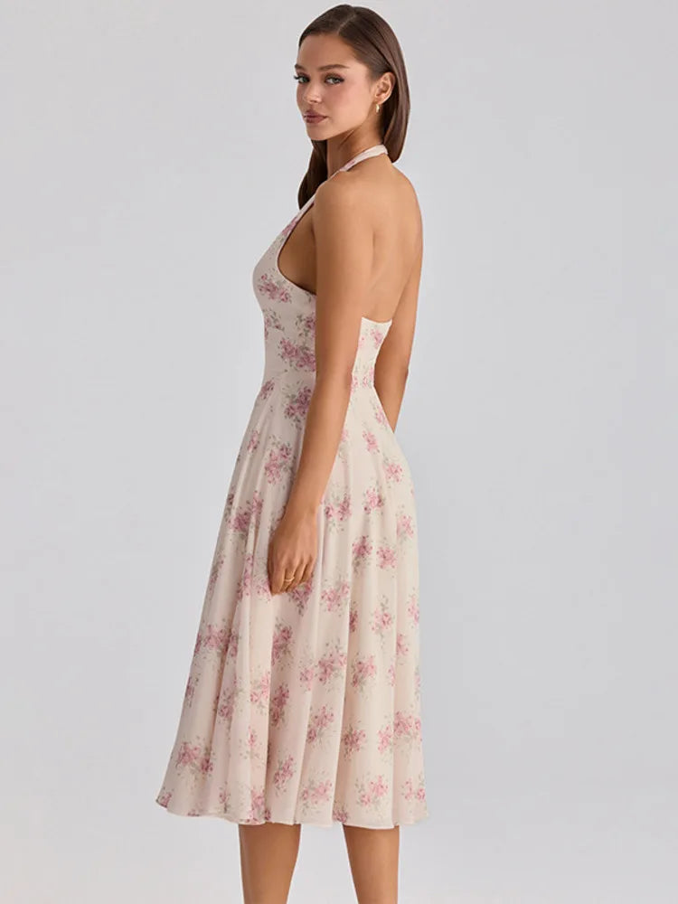 Mozision Halter Floral Print Sexy Midi Dress Women Elegant Deep V Neck Off-shoulder Sleeveless Backless Pleated Club Party Dress