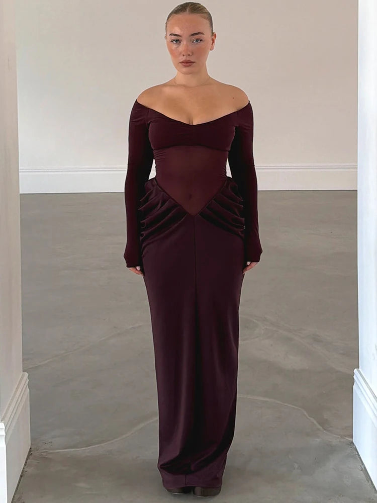 Mozision Women's Burgundy Off Shoulder Maxi Dress Long Sleeve Mesh Sheer Ruched Waist Bodycon Evening Party Cocktail Dress