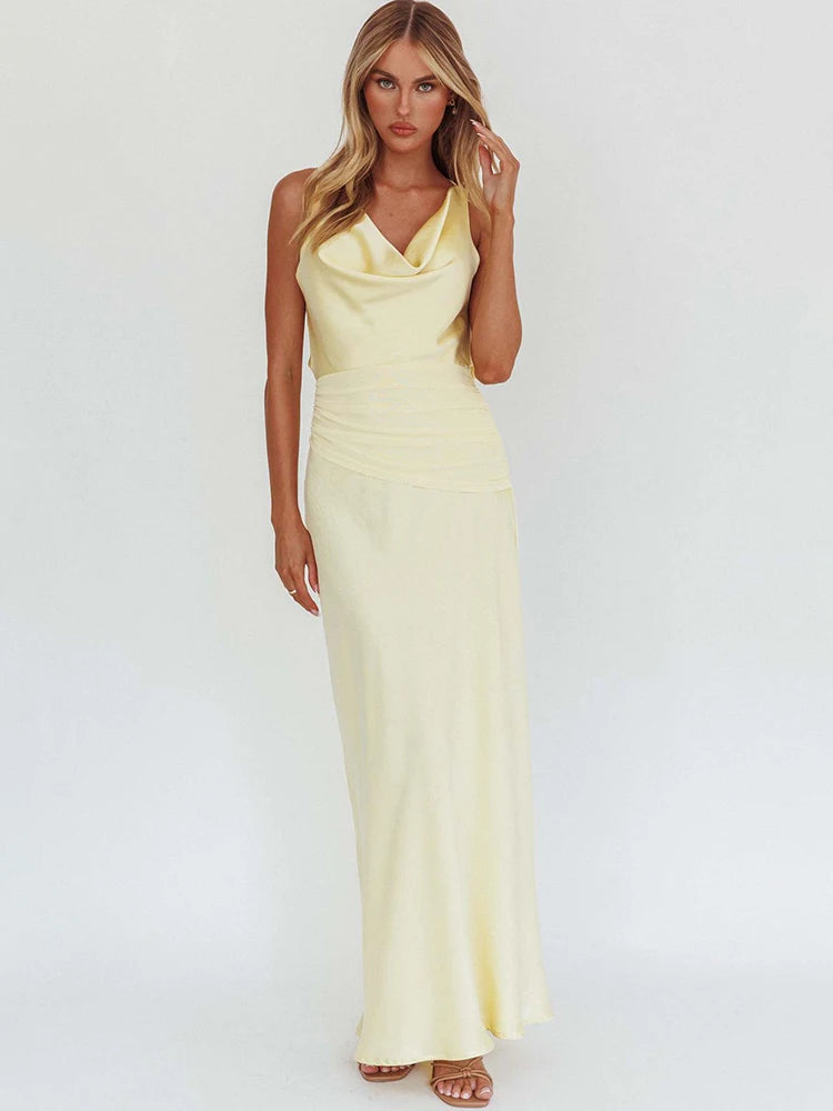 Mozision Satin Cowl Neck Sexy Maxi Dress Women Elegant Light Yellow Sleeveless Backless Bodycon Wedding Evening Club Party Dress
