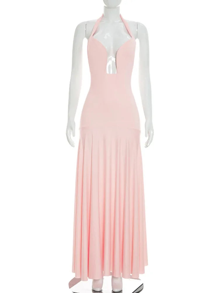 Mozision Halter V Neck Sexy Maxi Dress Women Elegant Off-shoulder Sleeveless Backless Cut Out Bodycon Club Party Long Dresses