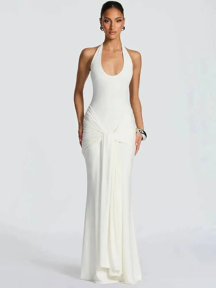 Mozision Halter Backless Sexy Maxi Dress Women Elegant V Neck Sleeveless Draped Ruched Bodycon Club Party Long Dress Female