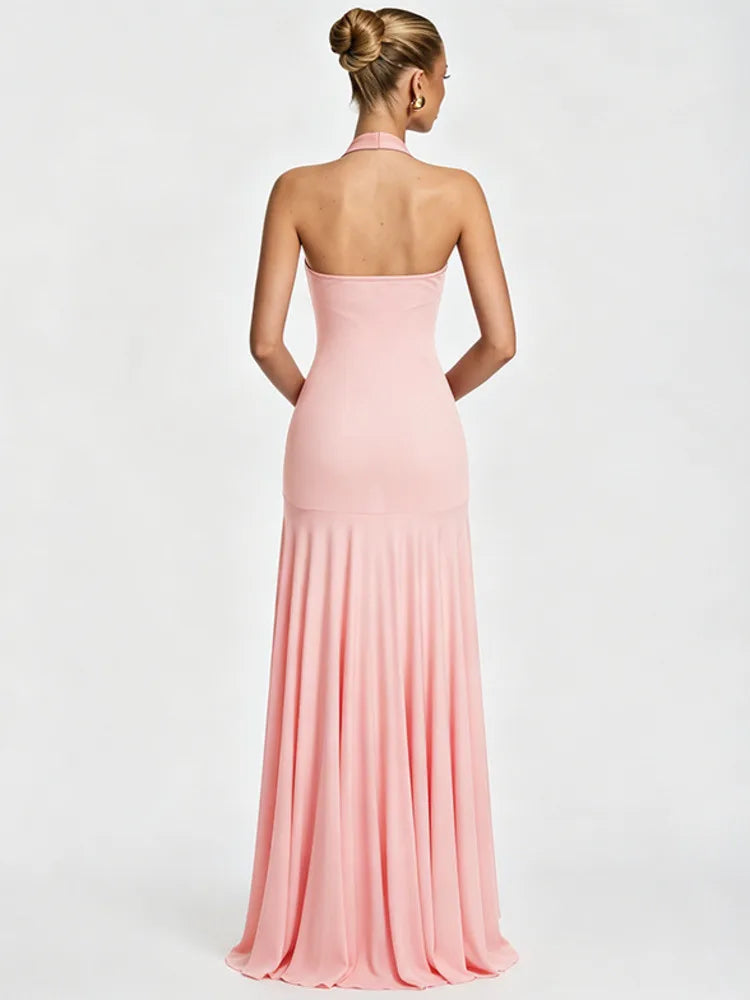 Mozision Halter V Neck Sexy Maxi Dress Women Elegant Off-shoulder Sleeveless Backless Cut Out Bodycon Club Party Long Dresses