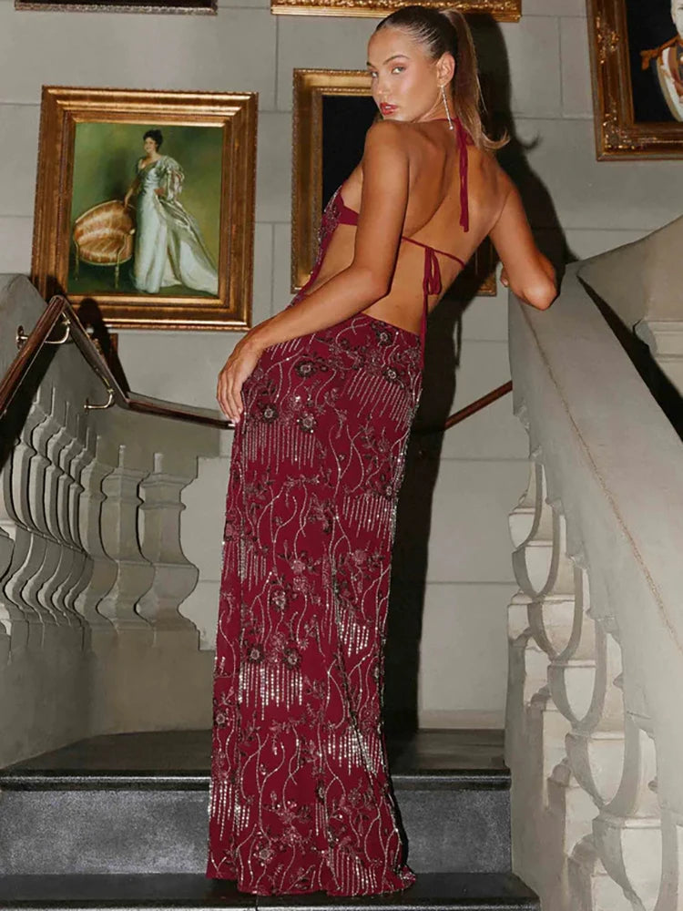 Mozision Sequins Hollow Out Backless Sexy Maxi Dress Women Gown Fashion Sparkle Halter Sleeveless Bodycon Club Party Dresses