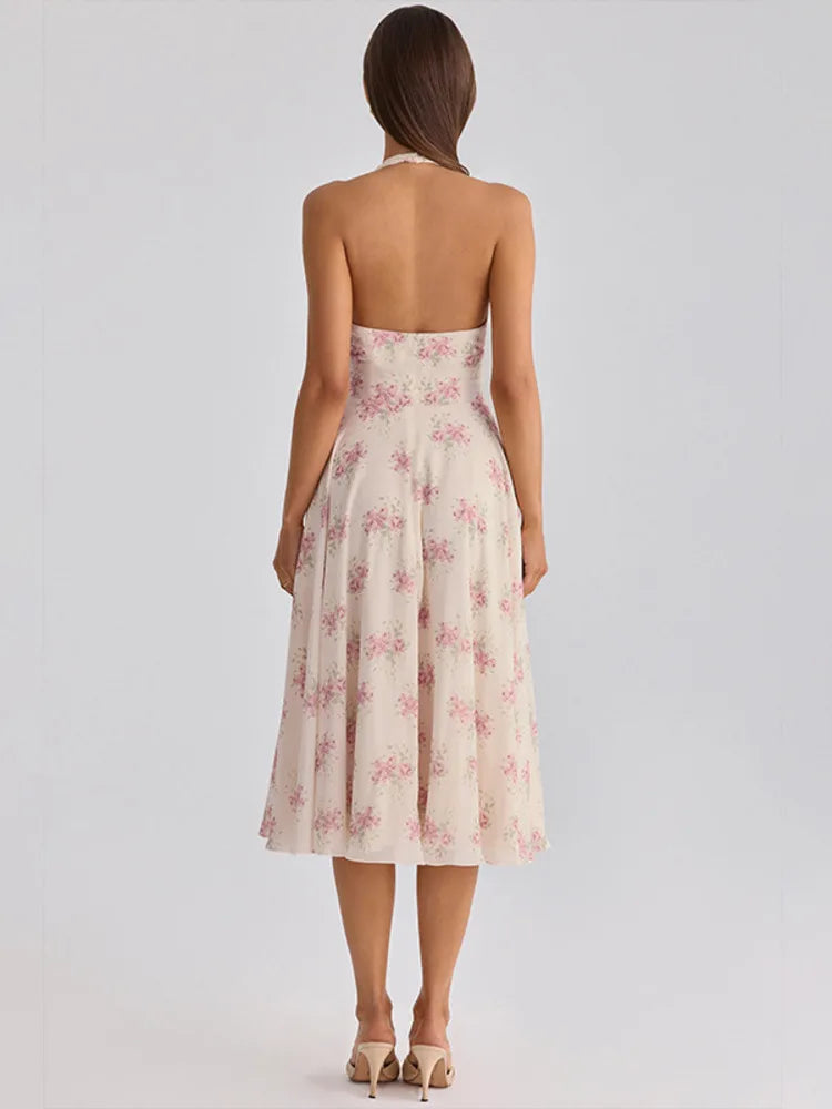 Mozision Halter Floral Print Sexy Midi Dress Women Elegant Deep V Neck Off-shoulder Sleeveless Backless Pleated Club Party Dress