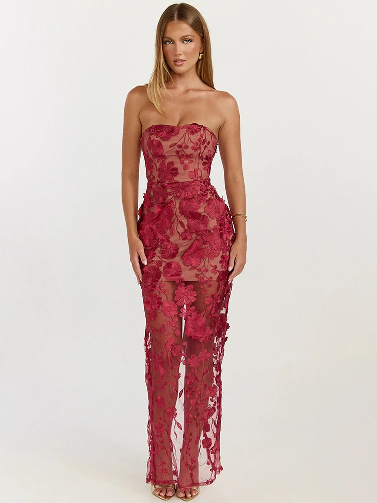 Mozision Women Strapless 3D Floral Lace Mermaid Sexy Maxi Dress Sheer Mesh Bodycon Long Dress Wedding Guest Evening Party Gown