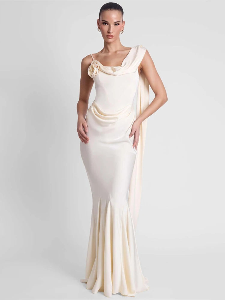 Mozision Satin Backless Sexy Maxi Dress Women Elegant One Spaghetti Strap Sleeveless Ruched Waist Club Party Mermaid Long Dress