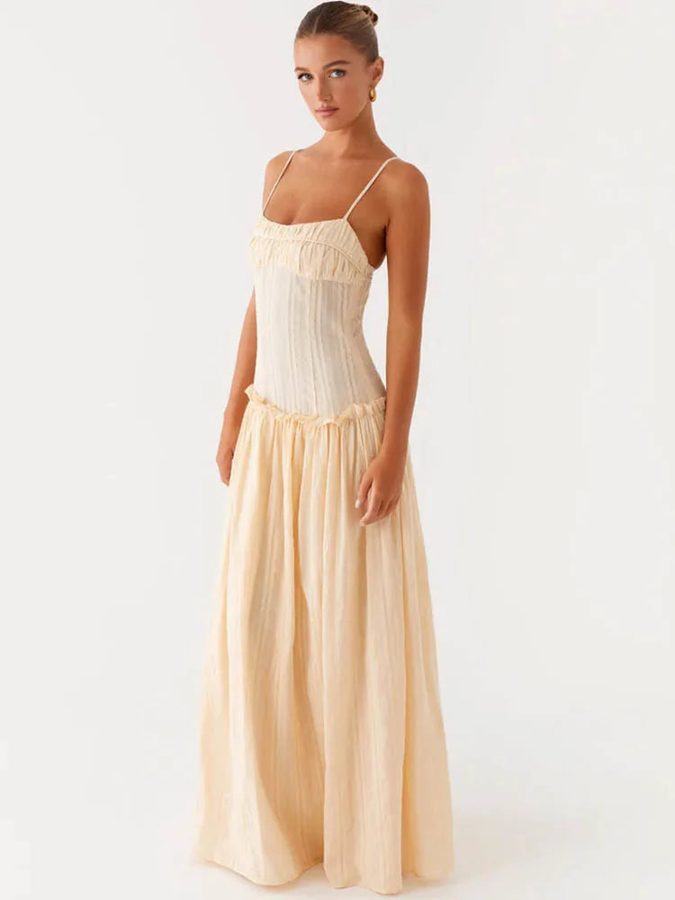 Mozision Elegant Spaghetti Strap Sexy Maxi Dress Women Gown Fashion Off-shoulder Sleeveless Backless Pleated Club Long Dresses